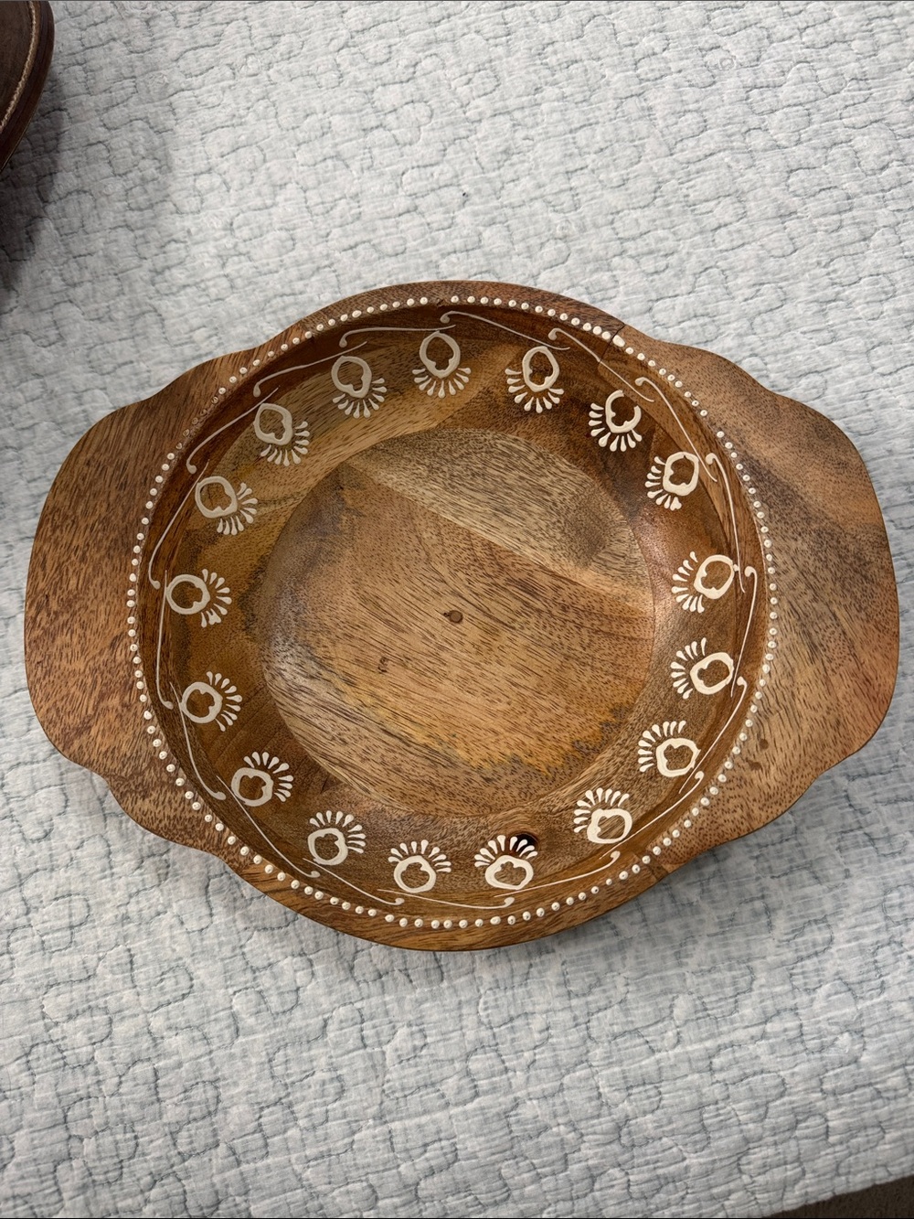 Decorative Brown Wooden Serving Bowl with White Accent Pattern